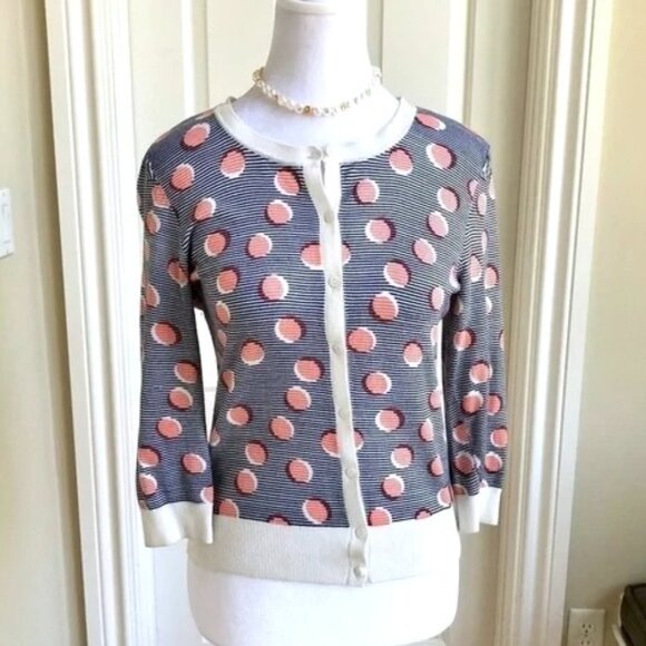 Halogen Cardigan Sweater in Navy Orange White Stripe & Circle Print Light (S) - Picture 1 of 7